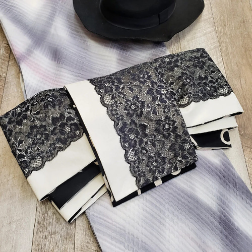 レース半幅帯】バラレースと音符のダンス/アイボリー 黒 音楽 生成  