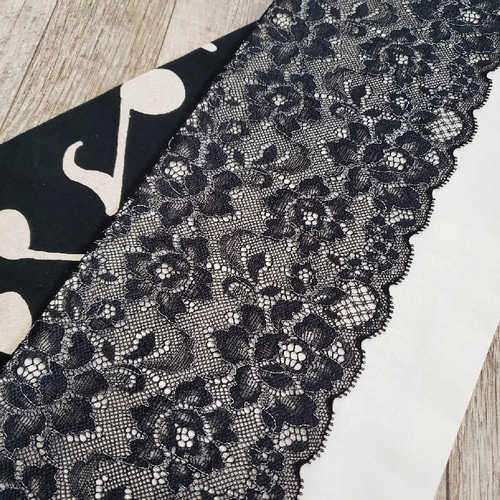 レース半幅帯】バラレースと音符のダンス/アイボリー 黒 音楽 生成  