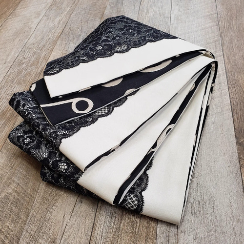 レース半幅帯】バラレースと音符のダンス/アイボリー 黒 音楽 生成  