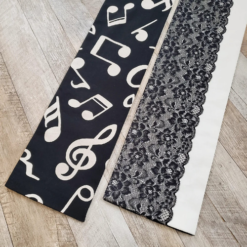 レース半幅帯】バラレースと音符のダンス/アイボリー 黒 音楽 生成  