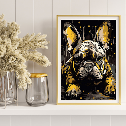フレンチブルドッグ アート ゴールド　犬　絵画 額縁付き　KARE好きな方に ドッグウィズパイナップル 80x80cm アート ｜【KARE】ドイツの家具