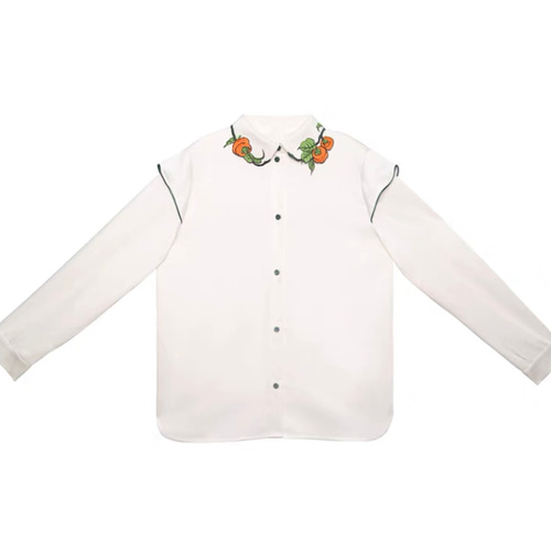 アンティーク調 刺繍襟がアックセント 長袖ブラウス【秋春】白