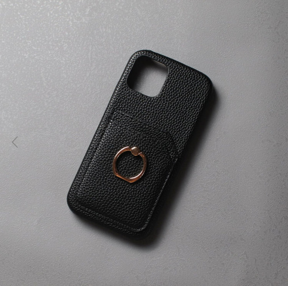 iPhoneケース　リング収納付き ブラック　カードケース オシャレ 2枚目の画像