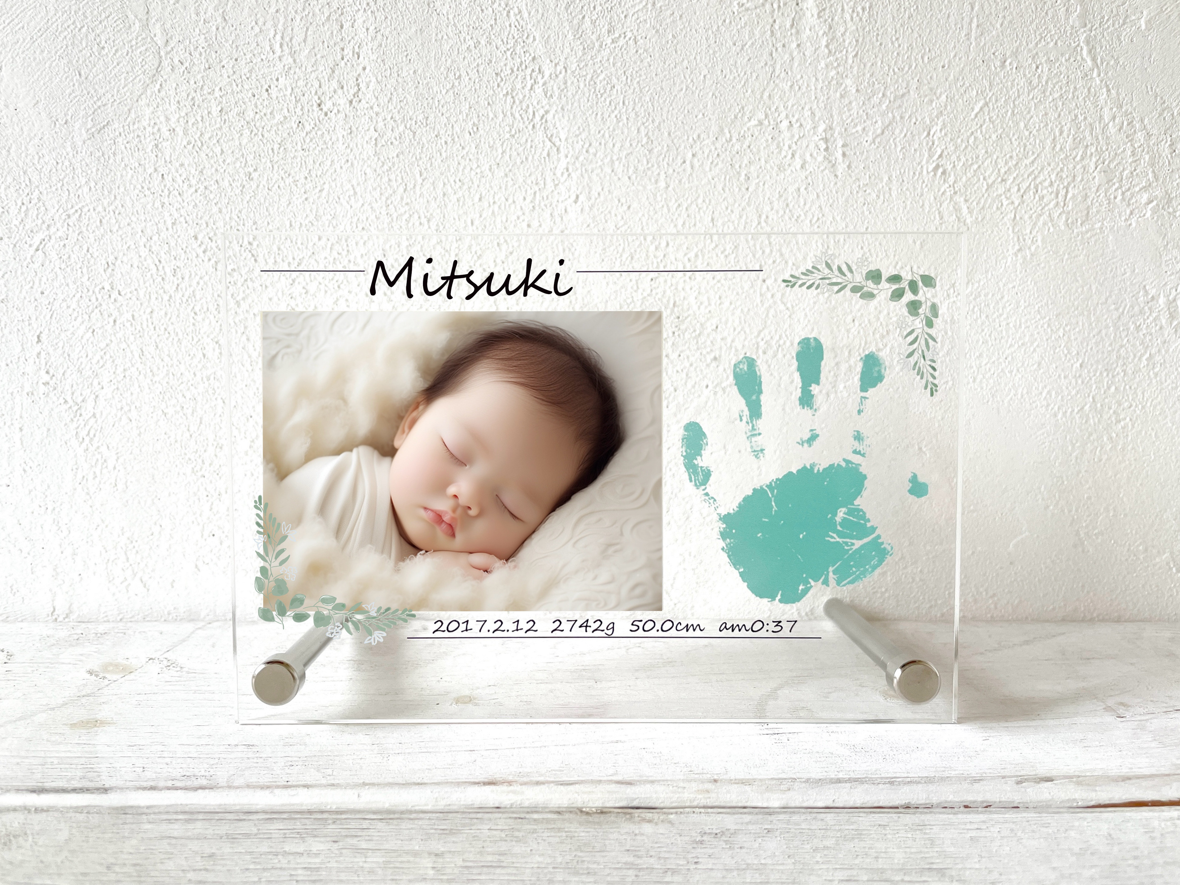 選べる色！●赤ちゃん手形●写真付！【命名書 新生児〜】アクリルフォトスタンド横 leaf（手形6cm前後まで）