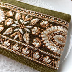 ポケットティッシュポーチ　インド刺繍リボン　カーキ 5枚目の画像