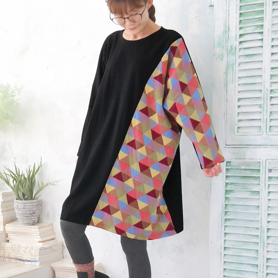 トライアングルブロック＊アシメトリー＊ゆったりシルエット＊ドルマン袖＊チュニック＊ワンピース＊ブラック 6,145円