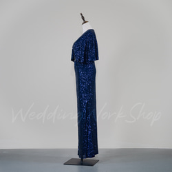 ブルー カラードレス キラキラチュール高級イブニングドレス質感豊かなバブルスリーブ芸術的なデザイン G026 8枚目の画像