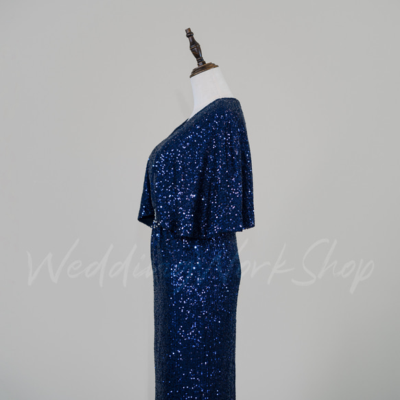 ブルー カラードレス キラキラチュール高級イブニングドレス質感豊かなバブルスリーブ芸術的なデザイン G026 9枚目の画像