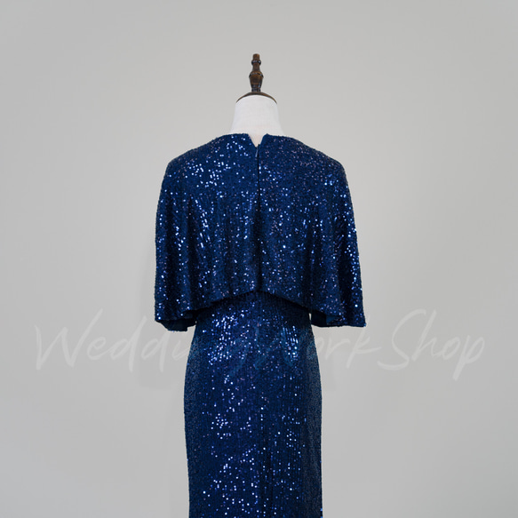 ブルー カラードレス キラキラチュール高級イブニングドレス質感豊かなバブルスリーブ芸術的なデザイン G026 4枚目の画像