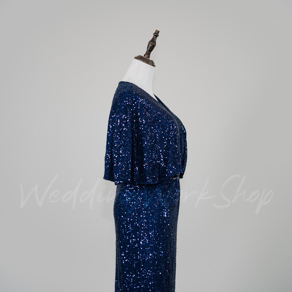 ブルー カラードレス キラキラチュール高級イブニングドレス質感豊かなバブルスリーブ芸術的なデザイン G026 6枚目の画像