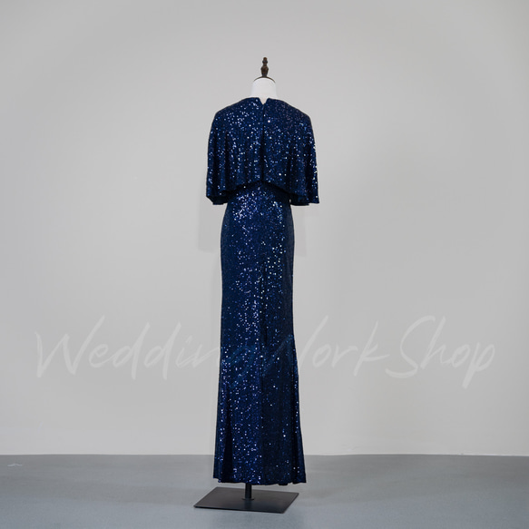 ブルー カラードレス キラキラチュール高級イブニングドレス質感豊かなバブルスリーブ芸術的なデザイン G026 3枚目の画像