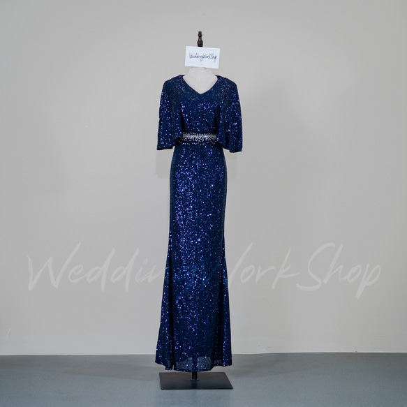 ブルー カラードレス キラキラチュール高級イブニングドレス質感豊かなバブルスリーブ芸術的なデザイン G026 1枚目の画像