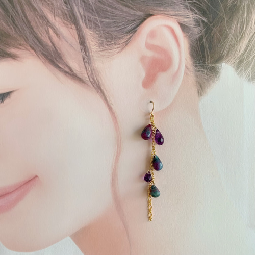 14kgf ハンドメイドピアスルベライトカラーのお月さまとアメジストのお星さま 14kgf ハンドメイドピアスルベライトカラーのお月さまとアメジストのお