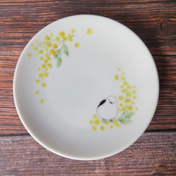 シマエナガとミモザの小皿 　２枚セット　手描きの器　 5枚目の画像