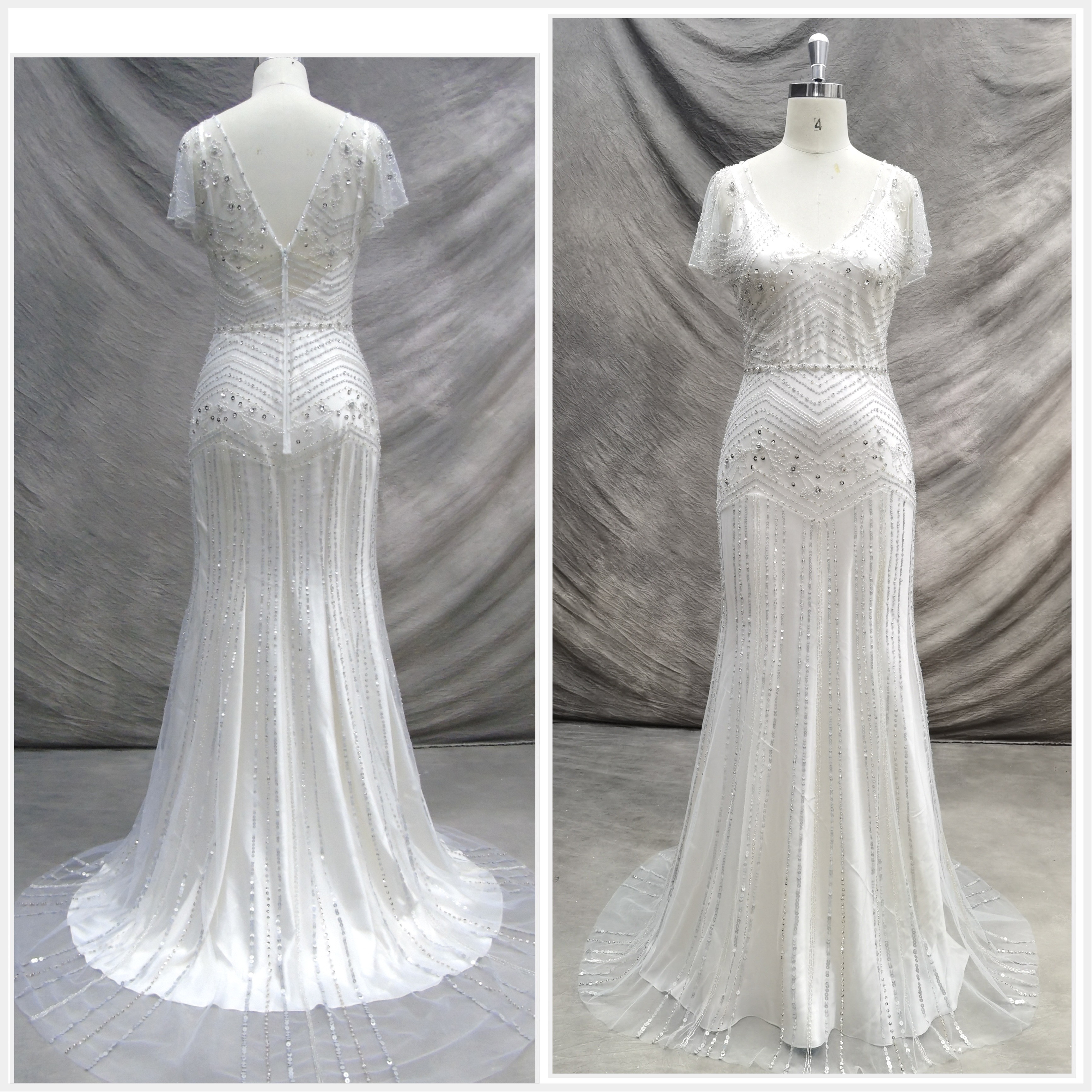 Vネック　ビーズ　エレガント　ウェディングドレス　二次会