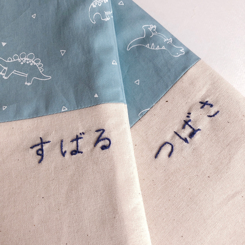 No.2568 巾着袋(裏地付き) 恐竜柄3(水色) 水色のギンガムチェック Bleu