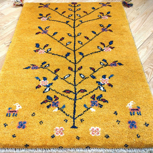 ペルシャ　ギャッベ 玄関　86×60 黄金色　生命の木 新規入荷】ペルシャ ギャッベ 玄関マット 88x63cm 黄金色 生命の