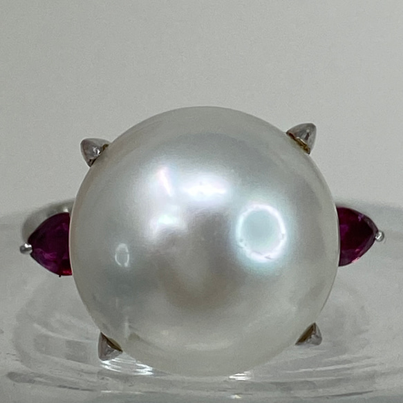 pt900 南洋真珠 14.4ミリ 天然ルビー入り プラチナリング サイズ16号 