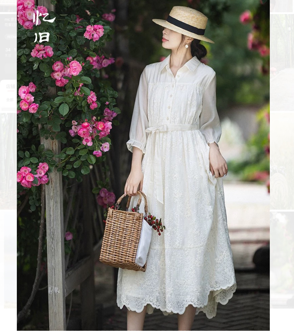 おとなエレガント　贅沢刺繍生地のロングワンピース　ポケット付き【春夏】アイボリー