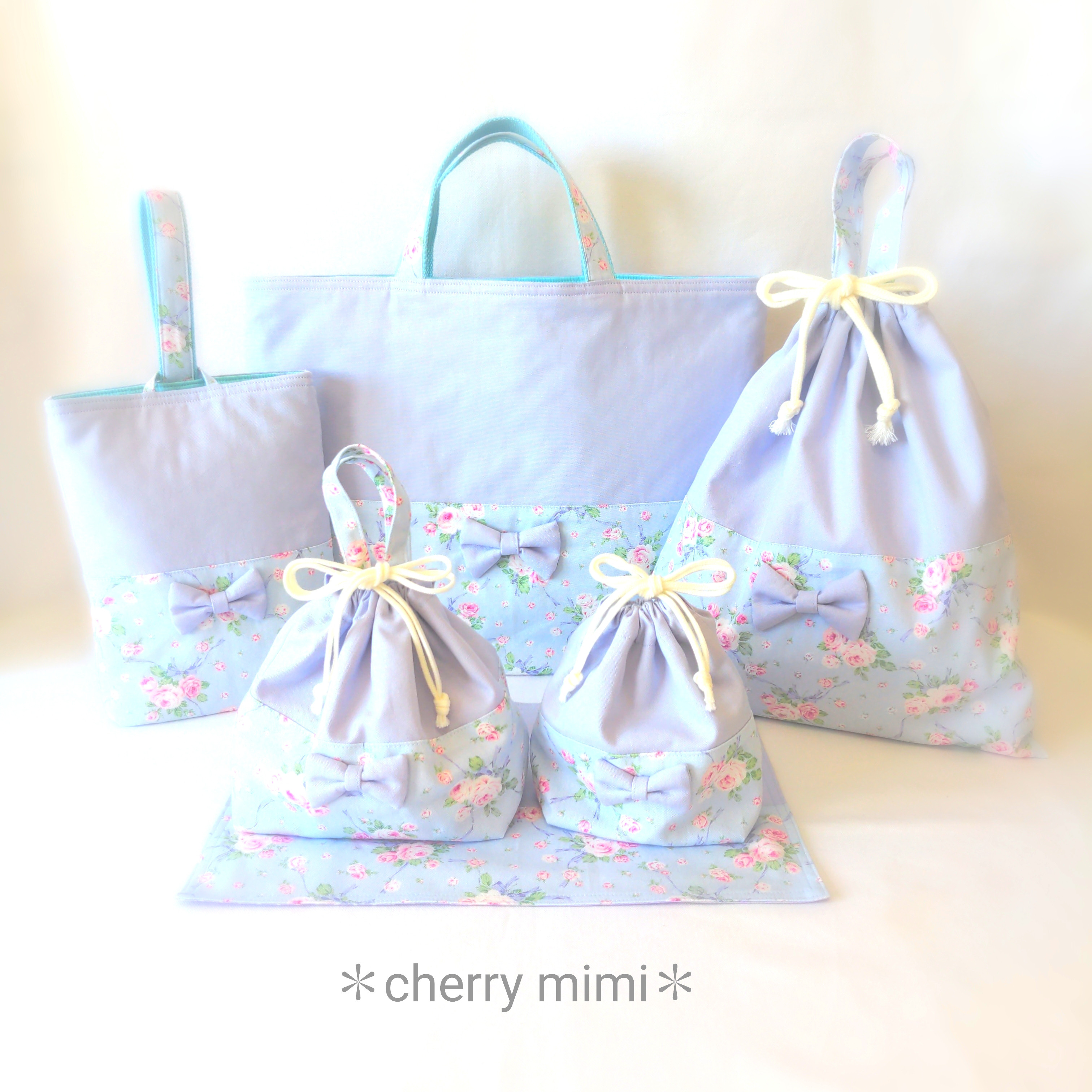 ロマンチックローズ柄入園入学6点セット・ブルー（送料無料）【受注制作】