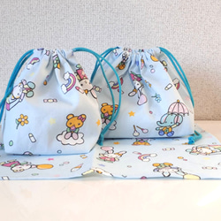 新作！かわいい動物たちのお弁当&コップ袋、ランチマット☆水色 1枚目の画像