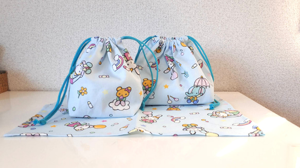 新作！かわいい動物たちのお弁当&コップ袋、ランチマット☆水色 1枚目の画像