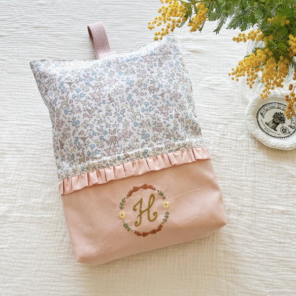 リバティ＆フリル♡イニシャル刺繍上履き袋 上履き袋 fleur de coton