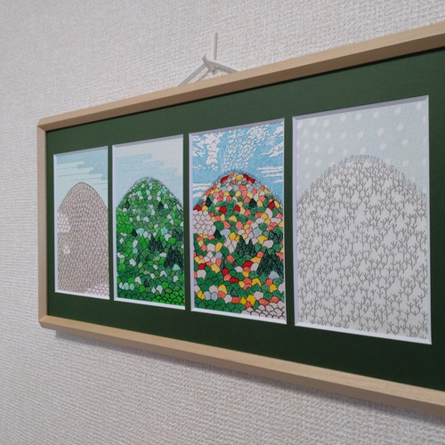 里山の四季 手刷りシルクスクリーン版画 横型額装品 マット緑