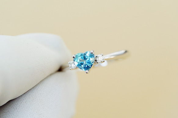 ハート」K18 天然アクアマリン 天然ダイヤモンド リング 和名藍