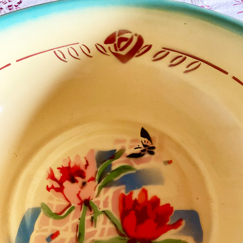 ヴィンテージ】ホーロー洗面器（黄色の花柄） バス・トイレ・洗面用品