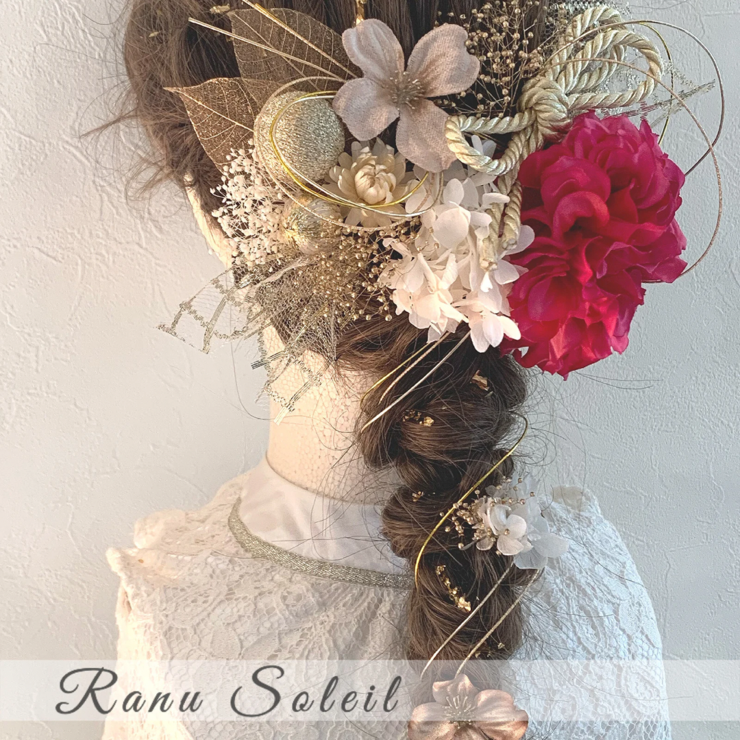 ヘッドドレス DAHLIA strawberry＆White 髪飾り 振袖 袴 成人式 卒業式 結婚式 和紐 和玉 水引