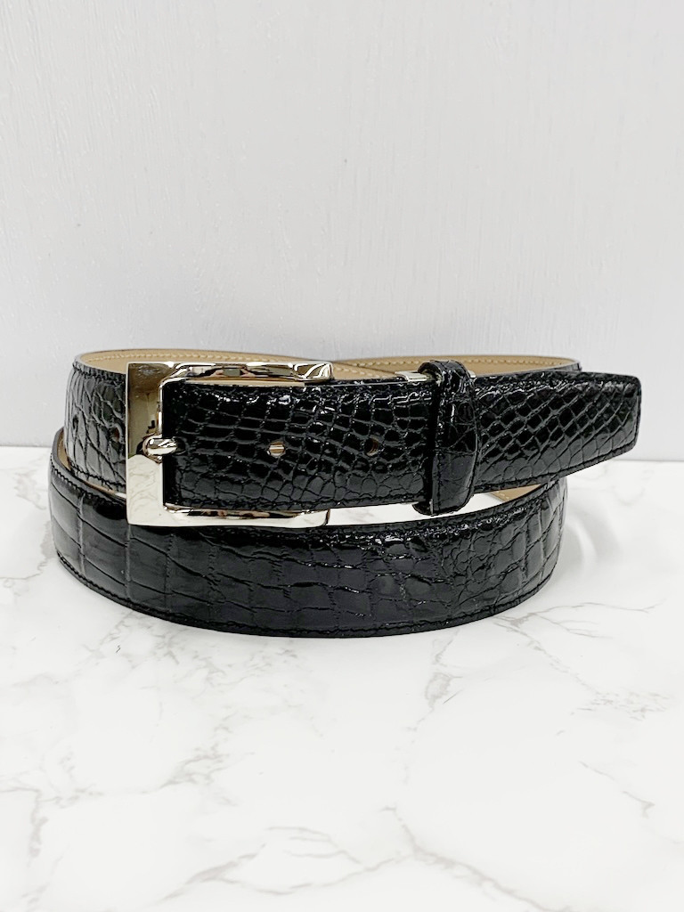 日本製　クロコダイル　ボンベ加工仕上げ　３３㎜巾　上質　ベルト　イタリアン尾錠金具　フリーサイズ　エキゾチックレザー