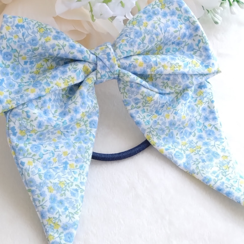 送料無料〛花柄水色 リボンゴム ポニーテール お団子ヘア ヘアゴム