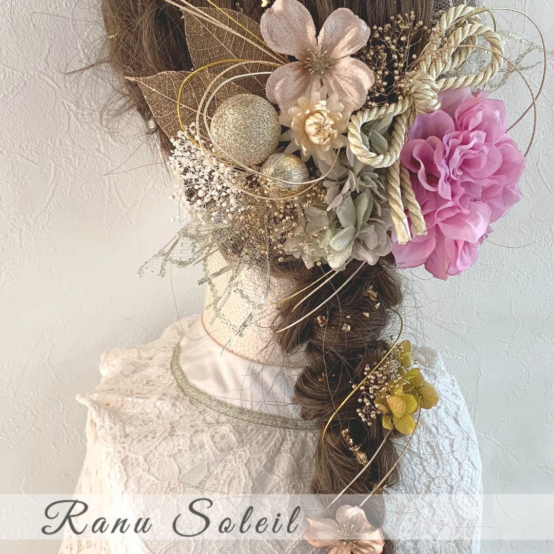 ヘッドドレス DAHLIA pink＆green 髪飾り 振袖 袴 成人式 卒業式 結婚式 和紐 和玉 水引