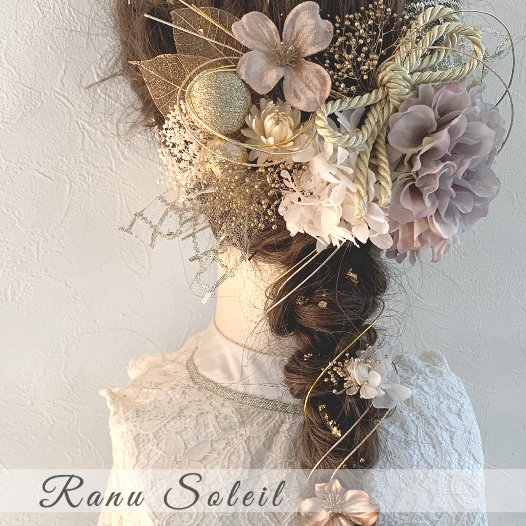 ヘッドドレス DAHLIA lavender＆White 髪飾り 振袖 袴 成人式 卒業式 結婚式 和紐 和玉 水引