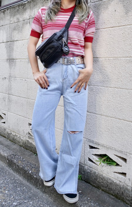 Left Knee Crush Denim Pants (light blue) ロングパンツ ブルー 青 カジュアル