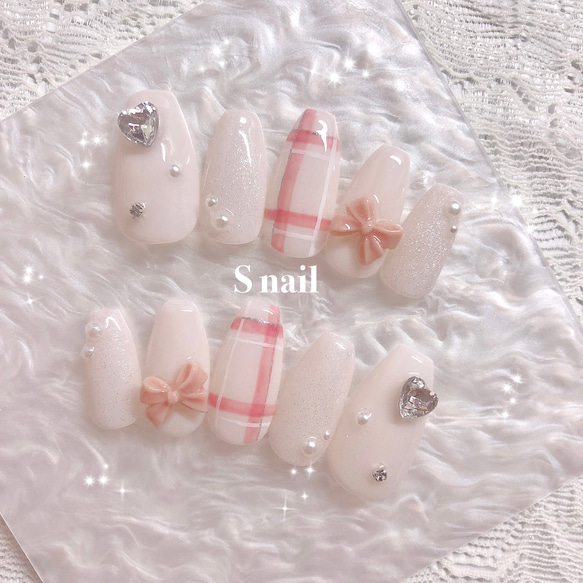 現品】ネイルチップ ピンク 赤 ハート チェック リボン フレンチ  