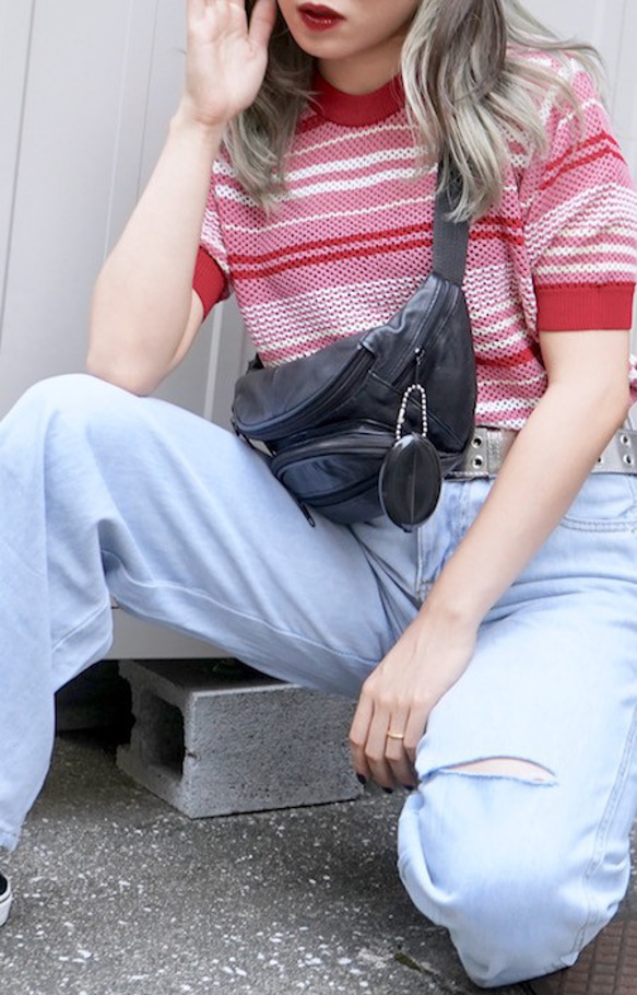 Multi Color Border S/S Knit Tops (red pink) ニットセーター ピンク 桃 1枚目の画像