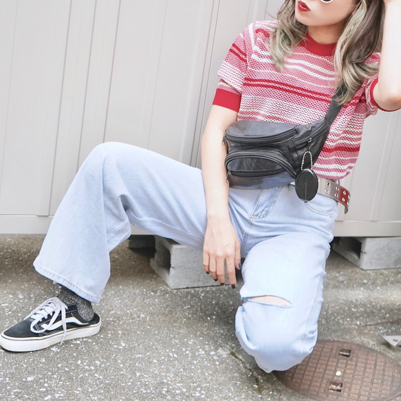 Multi Color Border S/S Knit Tops (red pink) ニットセーター ピンク 桃 2枚目の画像