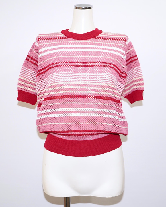 Multi Color Border S/S Knit Tops (red pink) ニットセーター ピンク 桃 7枚目の画像