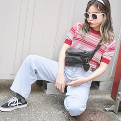 Multi Color Border S/S Knit Tops (red pink) ニットセーター ピンク 桃 5枚目の画像