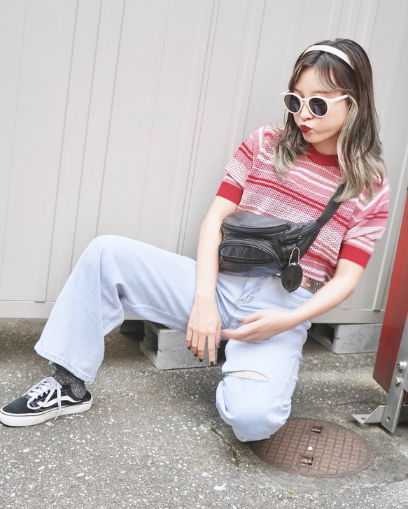 Multi Color Border S/S Knit Tops (red pink) ニットセーター ピンク 桃 5枚目の画像