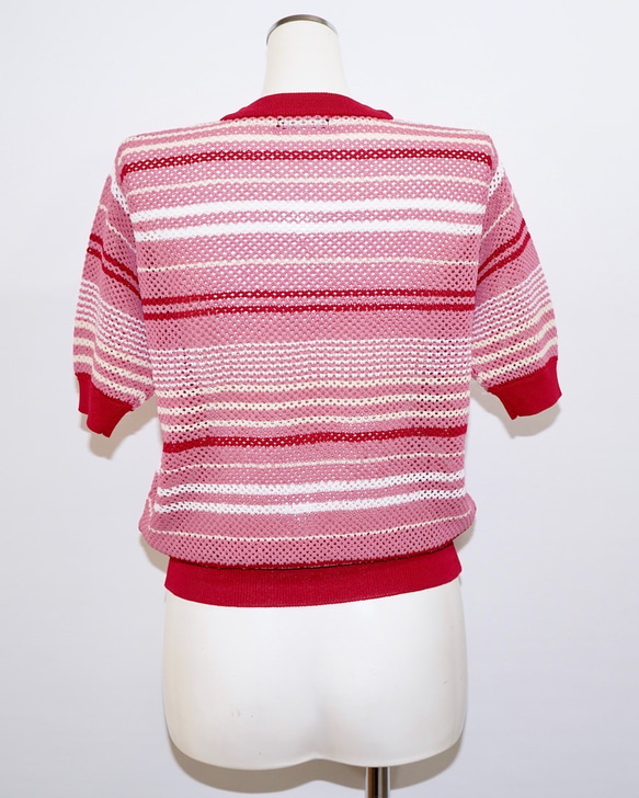 Multi Color Border S/S Knit Tops (red pink) ニットセーター ピンク 桃 8枚目の画像