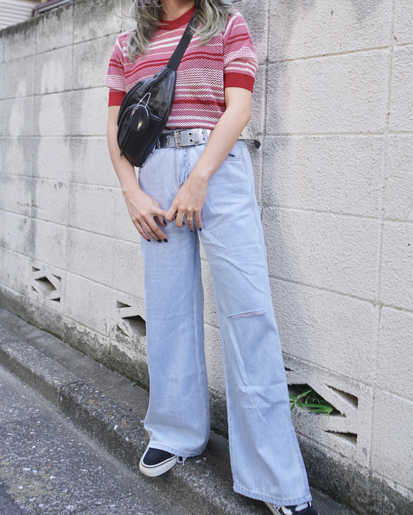 Multi Color Border S/S Knit Tops (red pink) ニットセーター ピンク 桃 6枚目の画像
