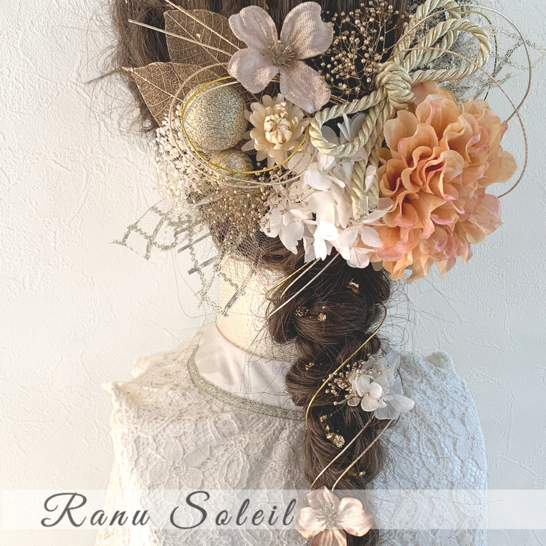 ヘッドドレス DAHLIA Orange＆White 髪飾り 振袖 袴 成人式 卒業式 結婚式 和紐 和玉 水引