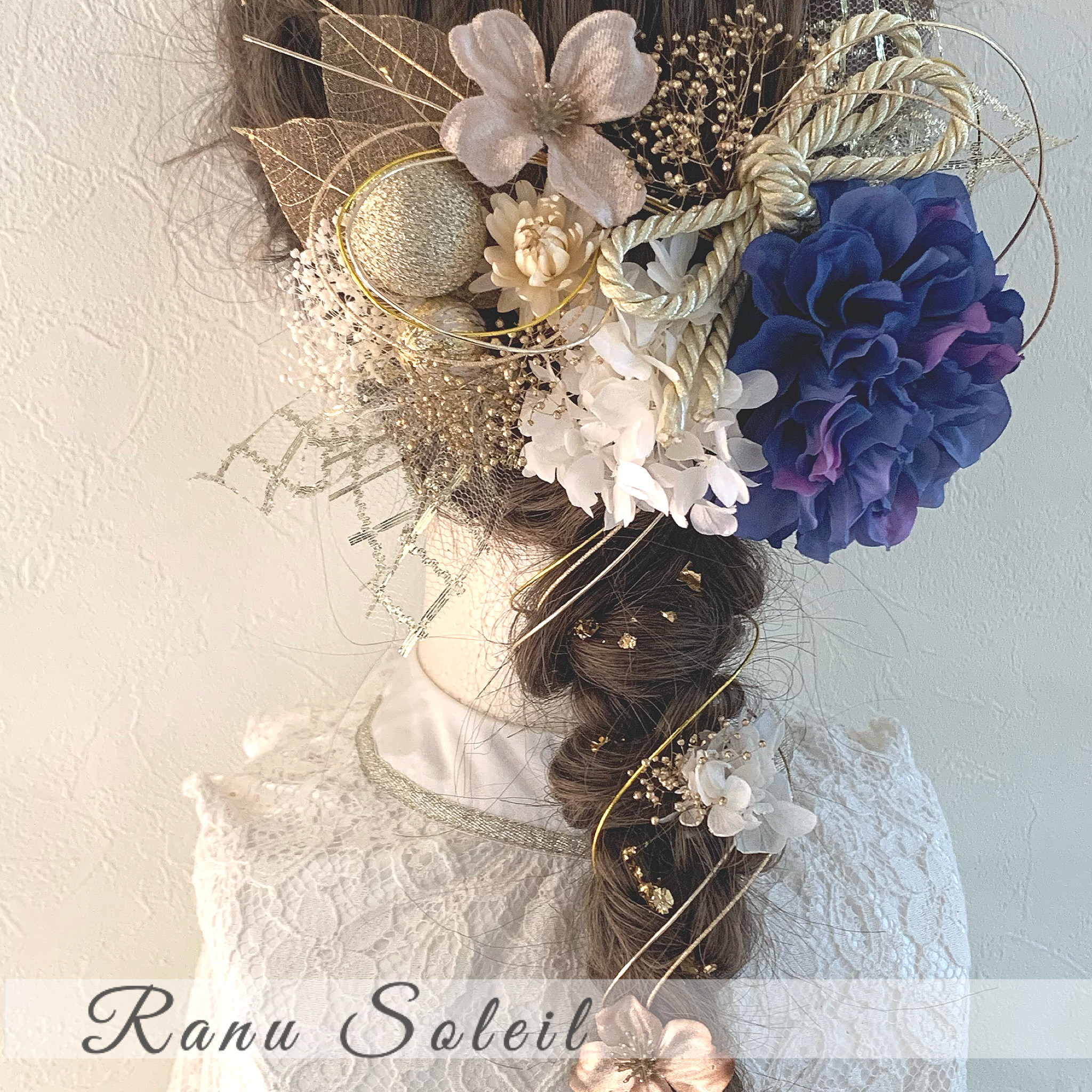 ヘッドドレス DAHLIA Blue＆White 髪飾り 振袖 袴 成人式 卒業式 結婚式 和紐 和玉 水引