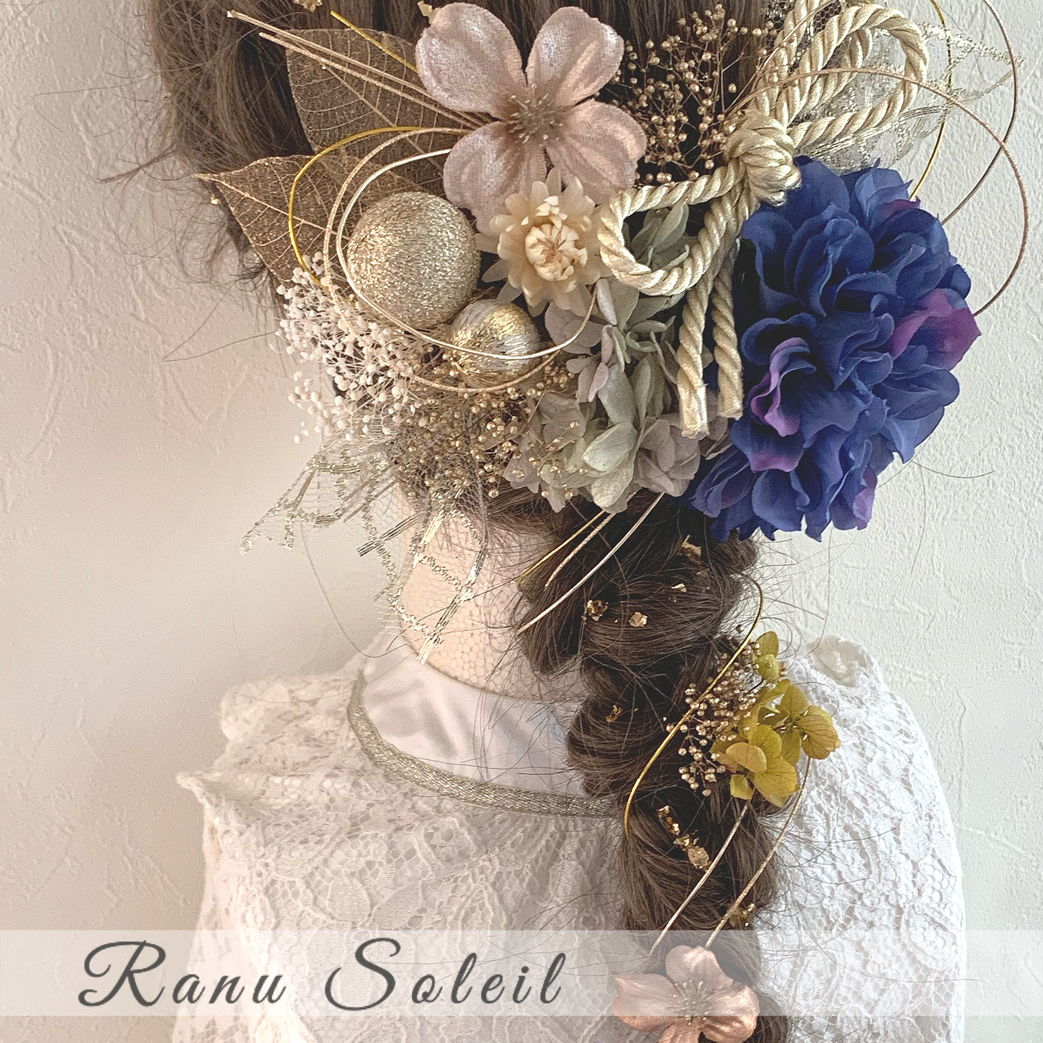 ヘッドドレス DAHLIA Blue＆green 髪飾り 振袖 袴 成人式 卒業式 結婚式 和紐 和玉 水引