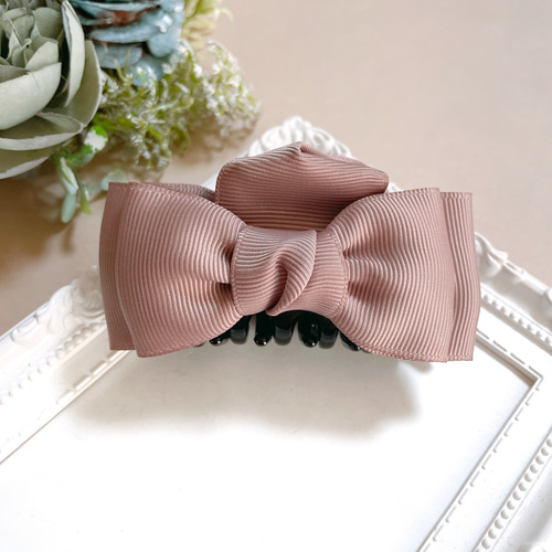 大人 リボン バンスクリップ ピンクベージュ ヘアアクセサリー 淡い
