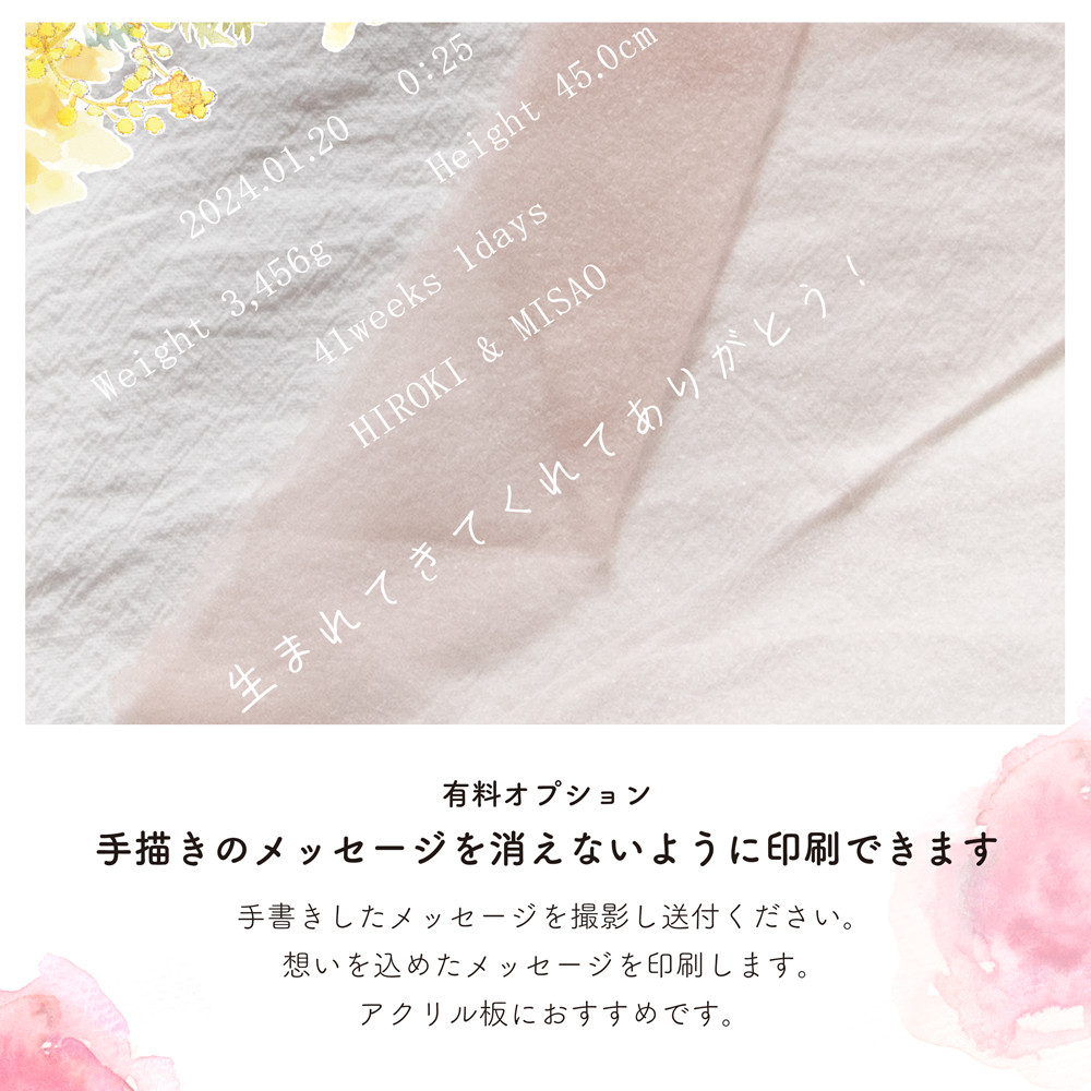 フィンガーペイントで作るお花の命名書 名入れ ベビーポスター クリア アクリル 透明 ファーストアート オーダーメイド