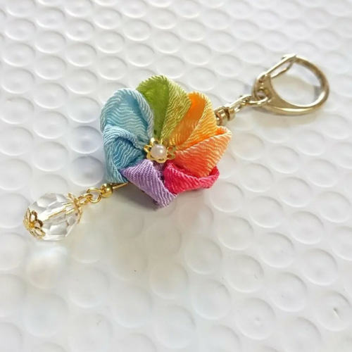 つまみ細工 和風キーホルダー/パステル レインボーカラー クリア